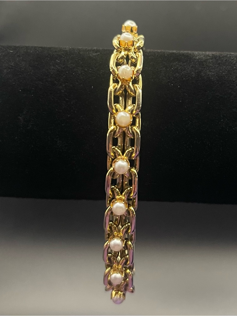 Vintage gold tone interlocking link faux pearl tennis bracelet 7 inch